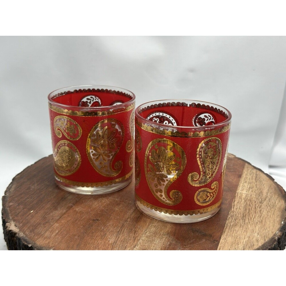 Culver Red Gold Paisley Whiskey Lowball Set Of 2 Hollywood Regency
